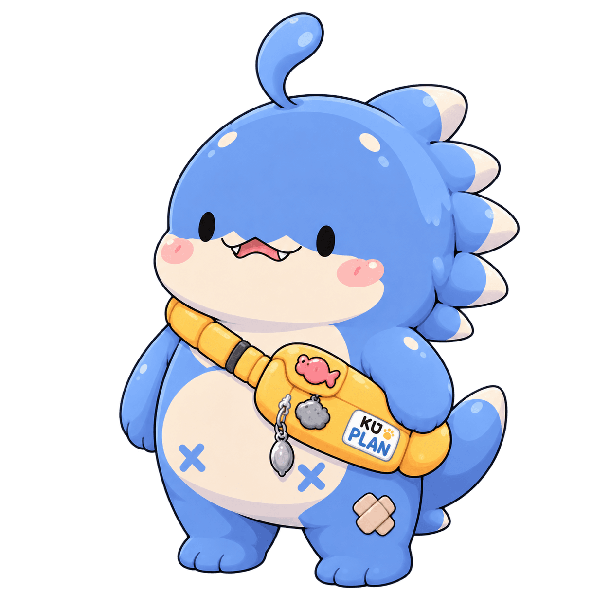 Drift’s blue mascot — a round, chubby little dino with a yellow sling bag
